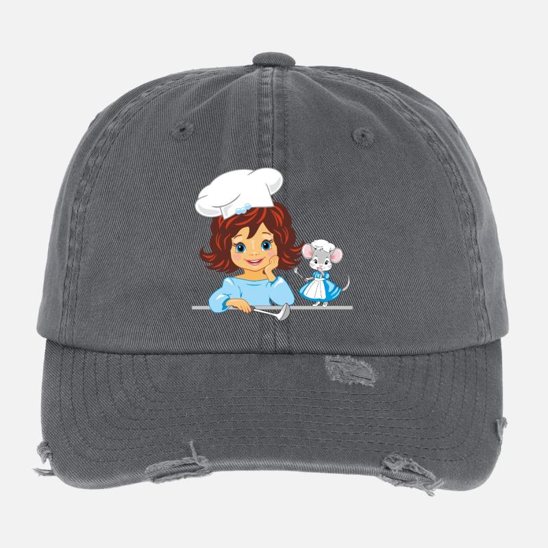 Lächelndes Mädchen kocht und süße Kochmaus Flexfit Vintage Destroyed Cap