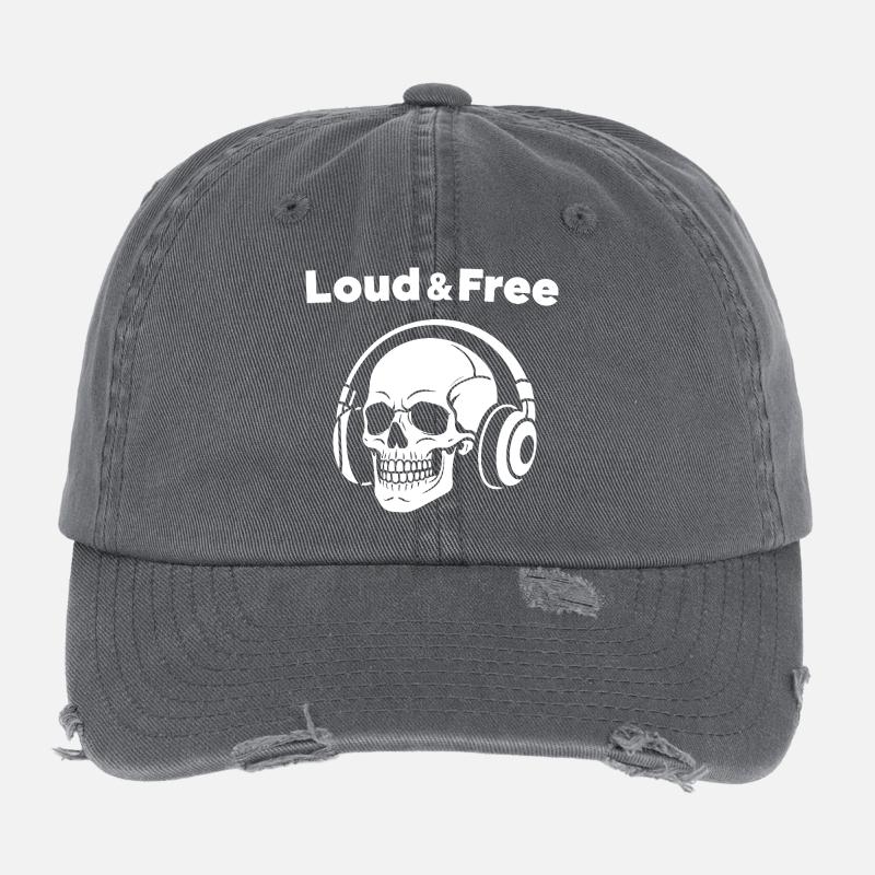 Skull mit Kopfhörer – Laut Frei Flexfit Vintage Destroyed Cap