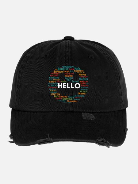 Beginnen Sie mit Hello Different World Language Learning - Flexfit Vintage Destroyed Cap - Schwarz - Vorne