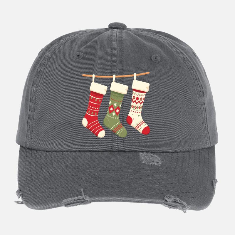 Three Stockings Christmas Pattern Flexfit Vintage Destroyed Cap