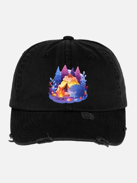 Sleeping hedgehog at the campfire - Flexfit Vintage Destroyed Cap - black - Front