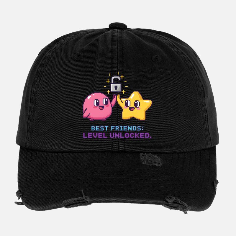 Best Friends Level Unlocked Pixel Duo Flexfit Vintage Destroyed Cap