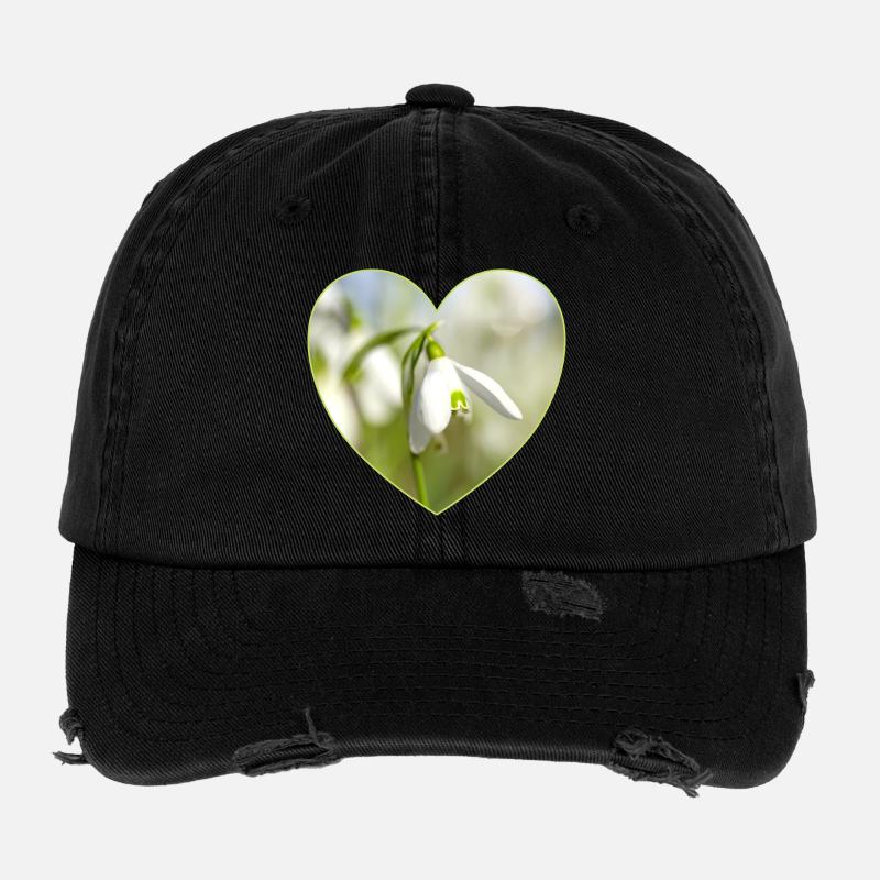 Schneeglöckchen Herzdesign - Flexfit Vintage Destroyed Cap - Schwarz