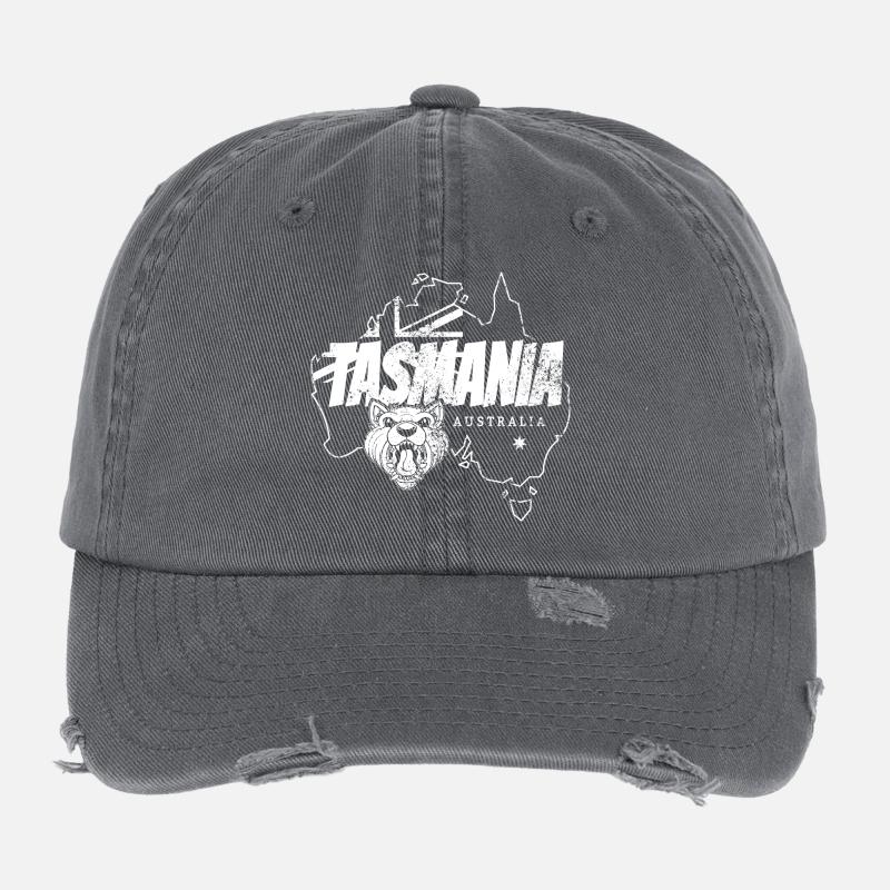Tasmania in Australia Retro Map and Banner Flexfit Vintage Destroyed Cap