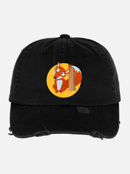 Fuchs Baumstamm Wald Kinderzimmer Comic Tierliebe - Flexfit Vintage Destroyed Cap - Schwarz - Vorne