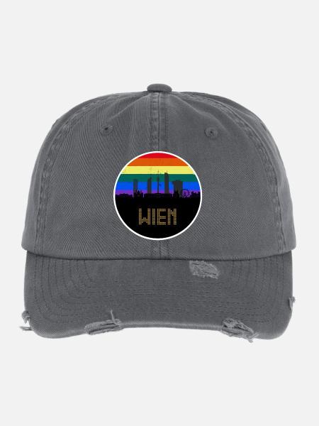 Wien Regebogen Skyline - Flexfit Vintage Destroyed Cap - Dunkelgrau - Vorne