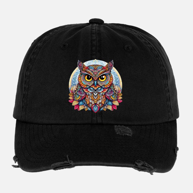 Eule mit Mandalas verziert Flexfit Vintage Destroyed Cap