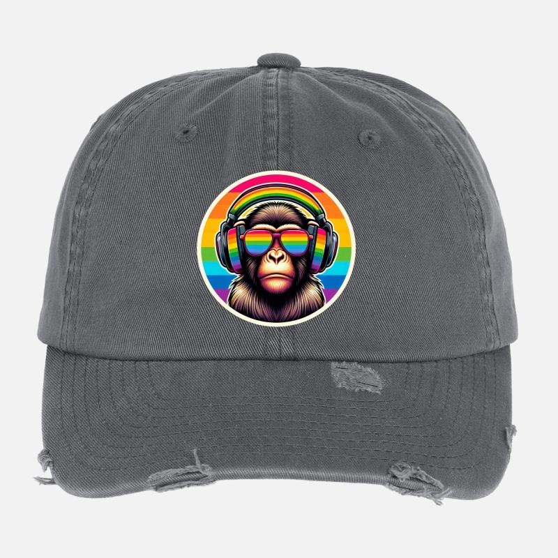 Affe Kopfhörer Brille Regenbogen bunt Flexfit Vintage Destroyed Cap