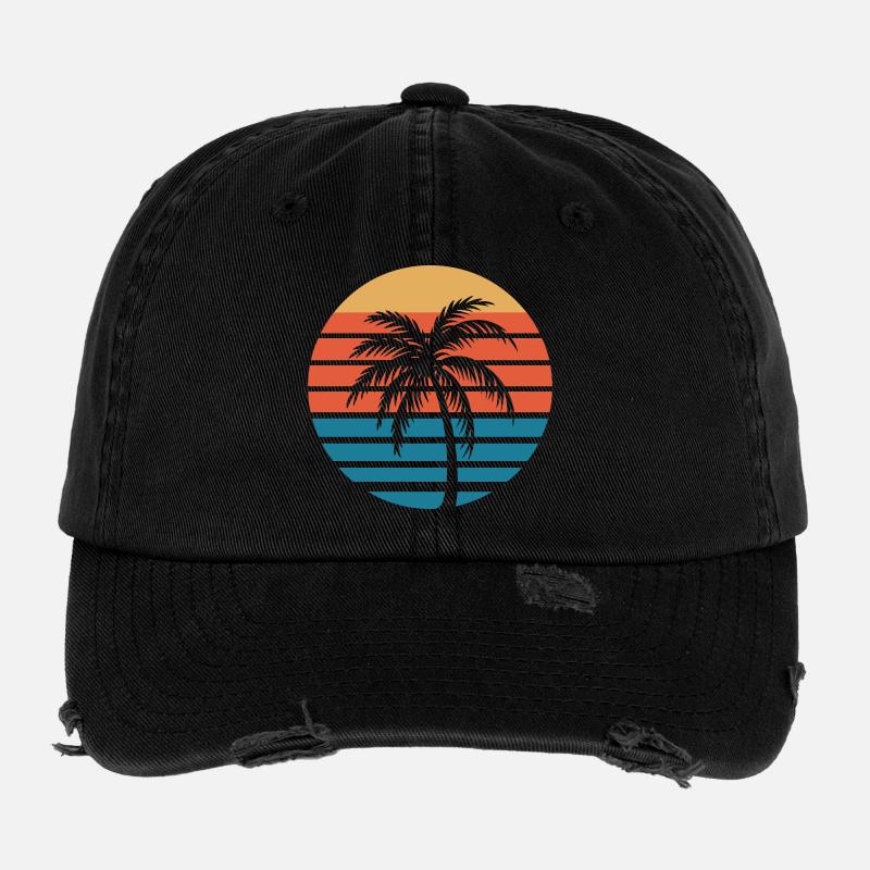 Palm Sunset Retro Circle Flexfit Vintage Destroyed Cap