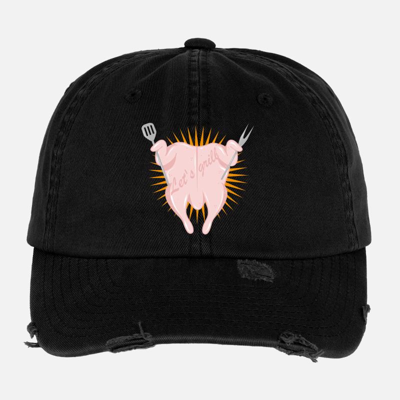 Poulet cru avec couverts de barbecue-Motif de barbecue amusant Casquette vintage effet usé Flexfit