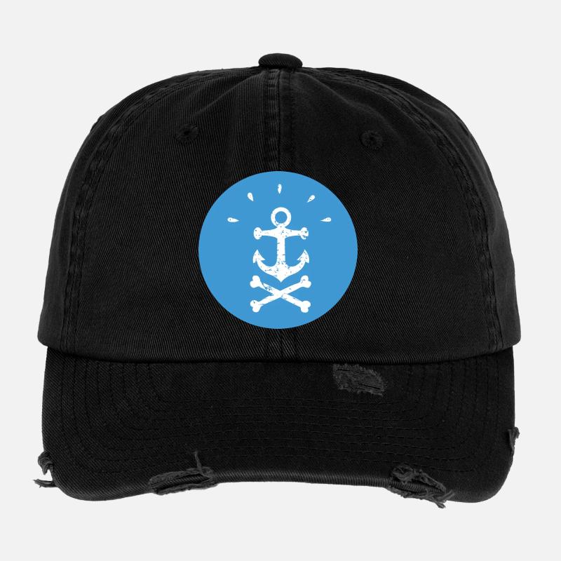 Jolly Roger Pirate Anchor on Blue Circle Flexfit Vintage Destroyed Cap