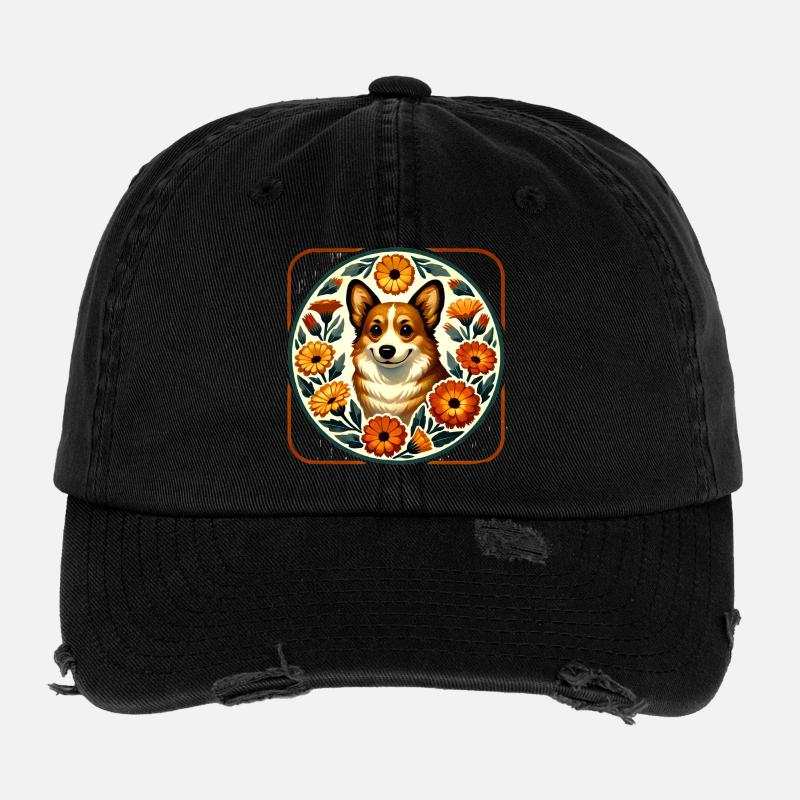 Corgi Floral Circle Folk Art Flexfit Vintage Destroyed Cap