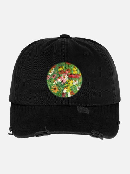 Peinture colorée de prairies à l’échinacée - Casquette vintage effet usé Flexfit - noir - Devant