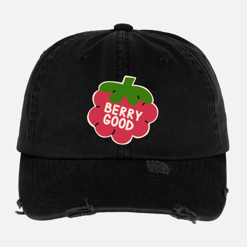 Funny Berry Good Raspberry Shirt Cute Fruit - Flexfit Vintage Destroyed Cap - black