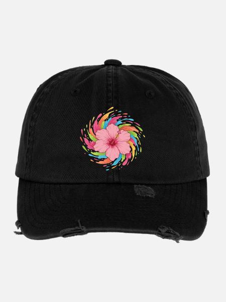 Hibiskus Farbwirbel - Flexfit Vintage Destroyed Cap - Schwarz - Vorne
