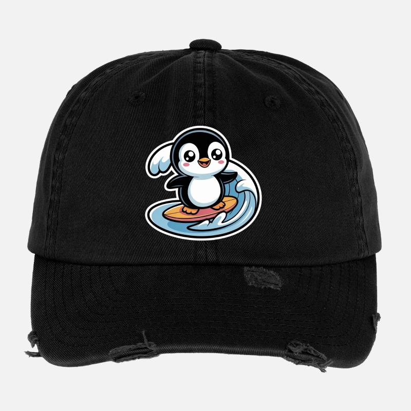 Cute Penguin Surfer  - Flexfit Vintage Destroyed Cap - black