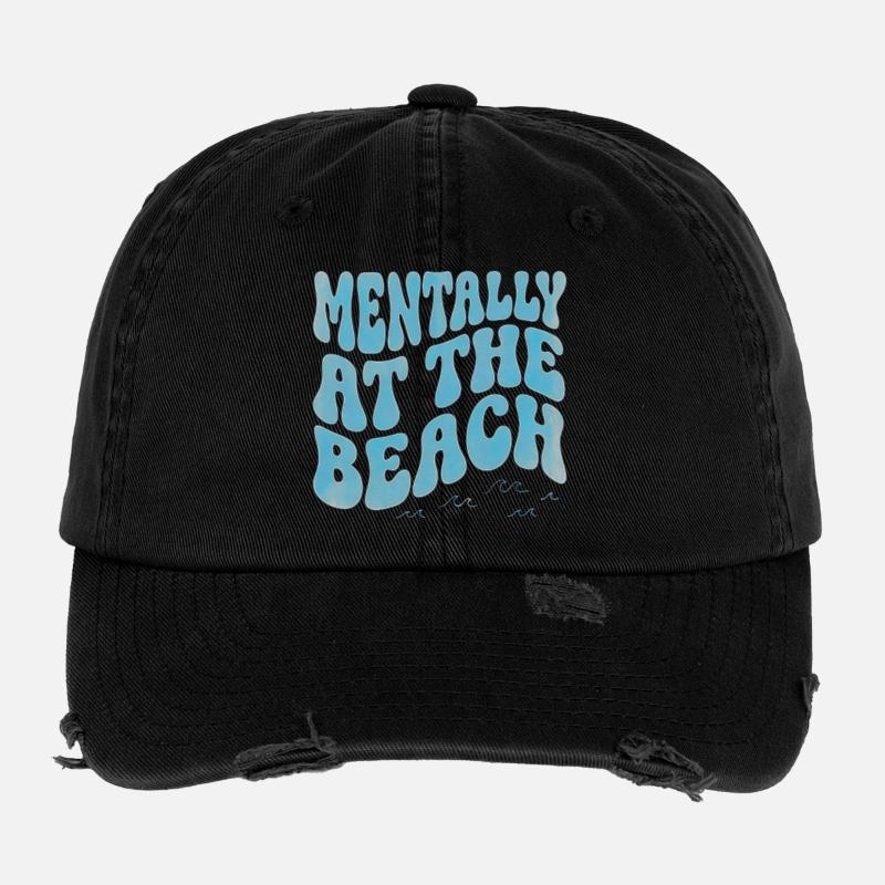 Mentally At The Beach – Tropical Retro Typography Flexfit Vintage Destroyed Cap