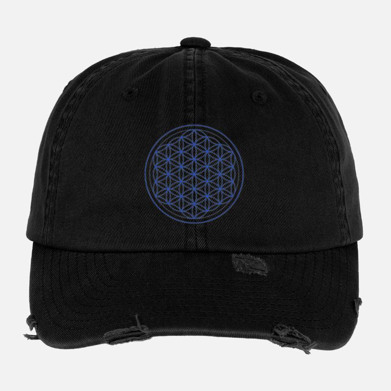 Blaugelb Blume des Lebens Kreis Flexfit Vintage Destroyed Cap