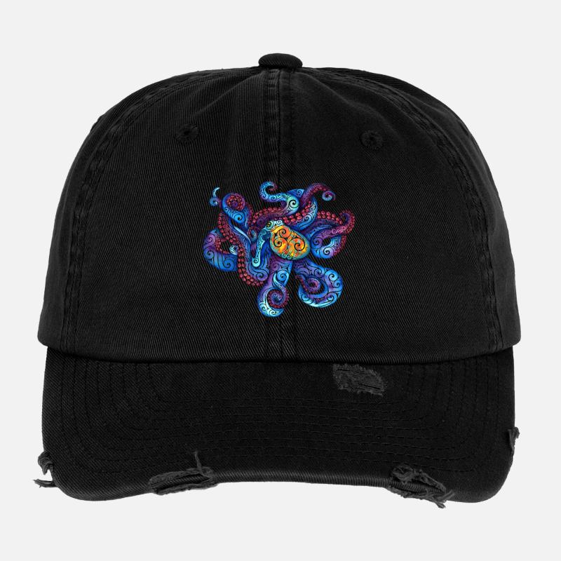 Swirly Octopus - Flexfit Vintage Destroyed Cap - black