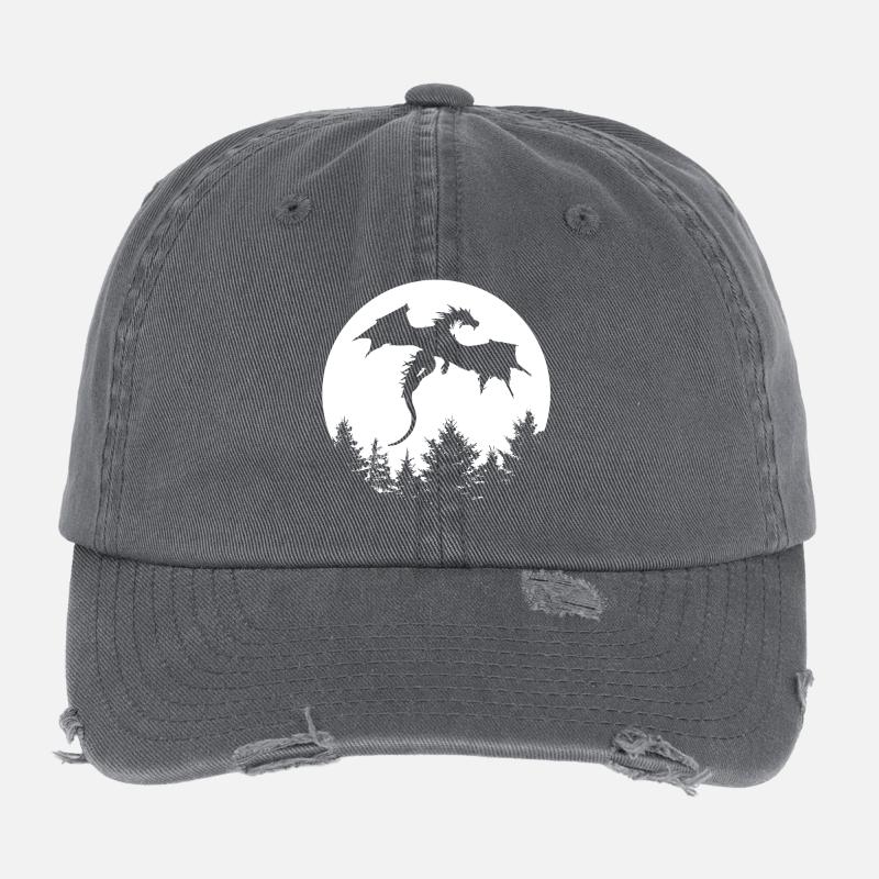 Drache vor Mond in einem Wald Flexfit Vintage Destroyed Cap
