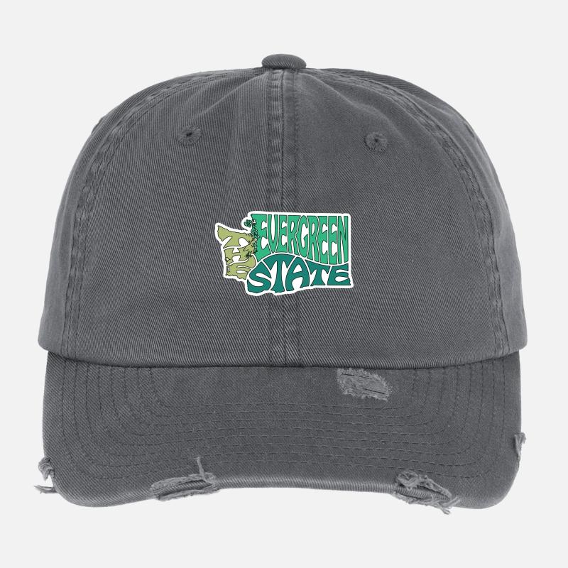 The Evergreen State Washington Map Word Cloud Flexfit Vintage Destroyed Cap