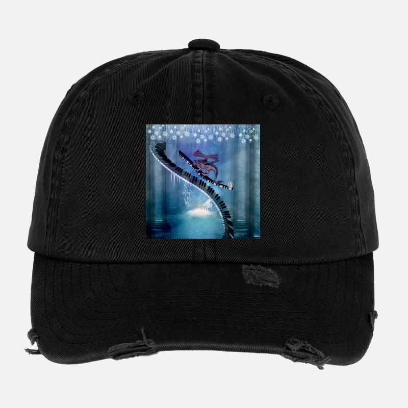 Geschwungenes Klavier in einer Winterlandschaft mit Drache Flexfit Vintage Destroyed Cap