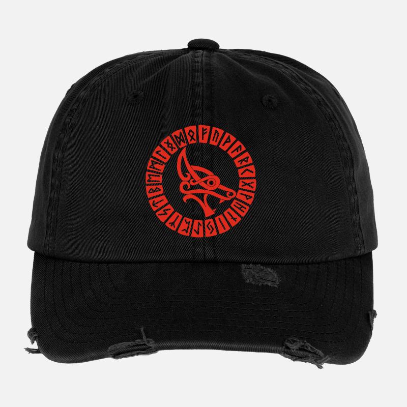 Roter Wolf und Wikingerrunen Flexfit Vintage Destroyed Cap
