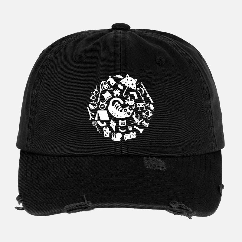 Cat Camping L Weiß - Flexfit Vintage Destroyed Cap - Schwarz
