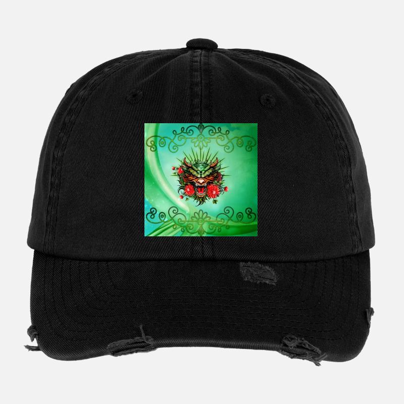 Wunderschöner bunter Drachenkopf mit Blumen. Flexfit Vintage Destroyed Cap