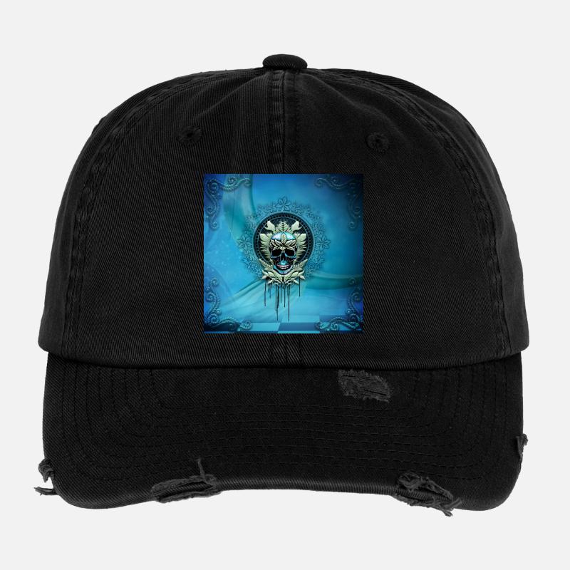 Élégant crâne décoratif bleu avec feuilles. Casquette vintage effet usé Flexfit