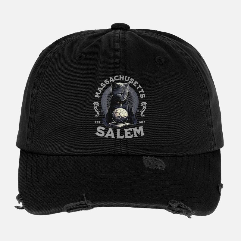 Salem Massachusetts Wizard Cat Flexfit Vintage Destroyed Cap