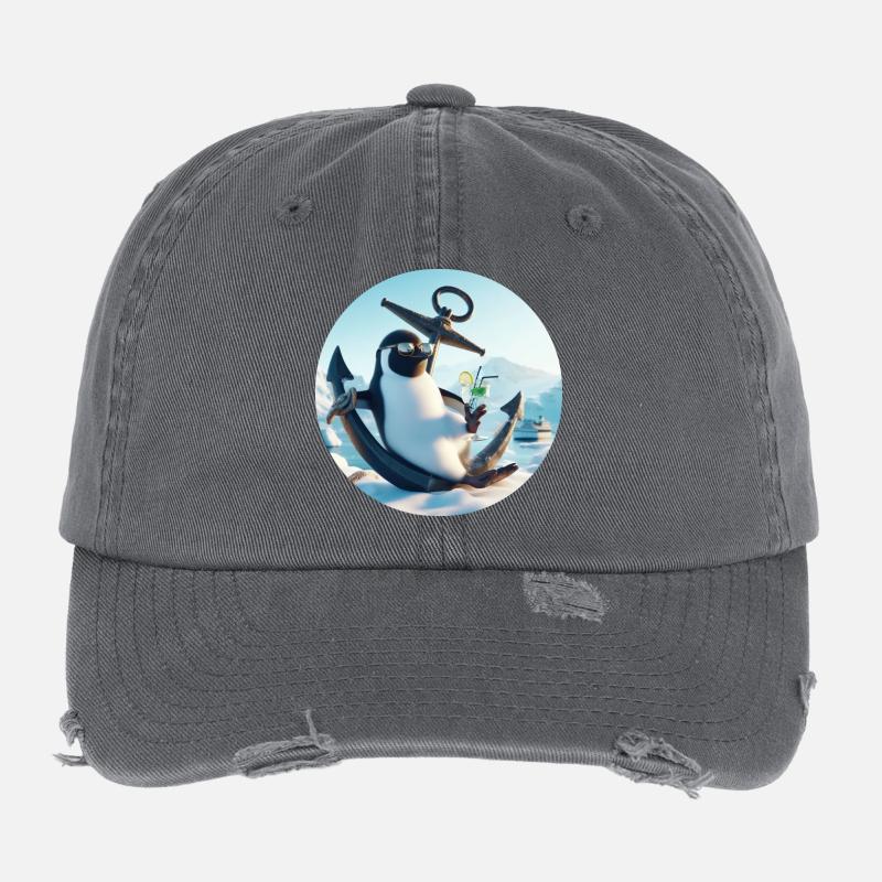 Casual penguin sits on anchor and drinks Flexfit Vintage Destroyed Cap