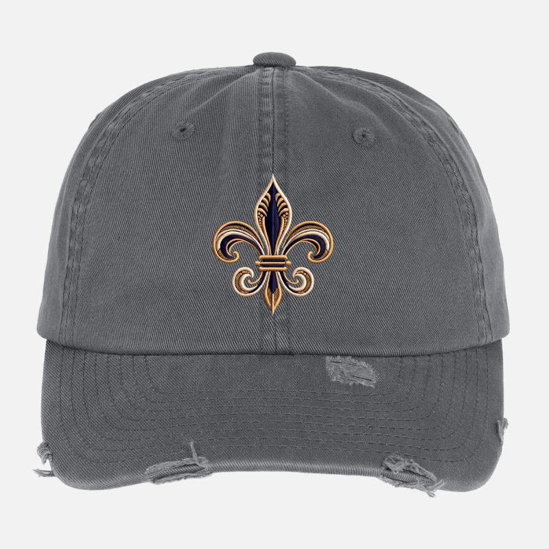 Elegant Fleur-de-Lis Embroidery Tee Flexfit Vintage Destroyed Cap