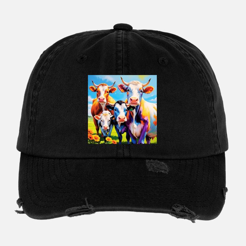 Vivid Colourful Cow Herd Design Flexfit Vintage Destroyed Cap
