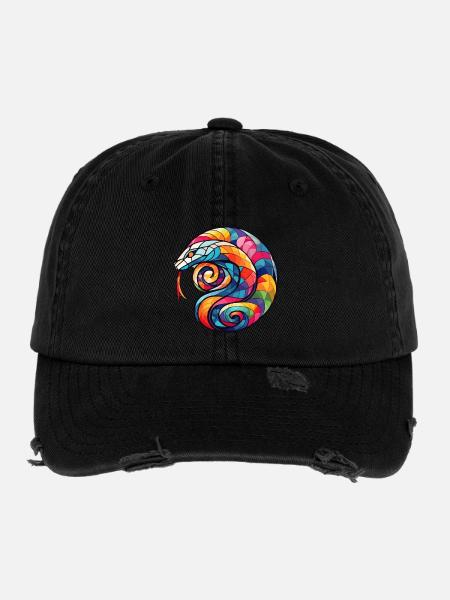 Farbenreiche Spirale Schlange - Flexfit Vintage Destroyed Cap - Schwarz - Vorne