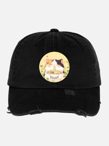 Chat qui mange des Ramens - Casquette vintage effet usé Flexfit - noir