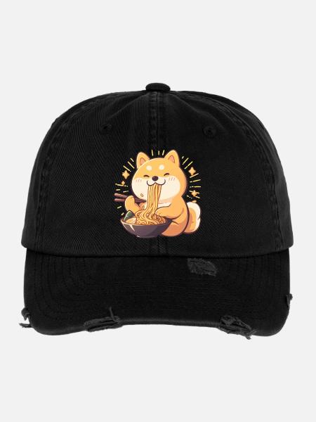 Dog eating Ramen - Flexfit Vintage Destroyed Cap - black - Front