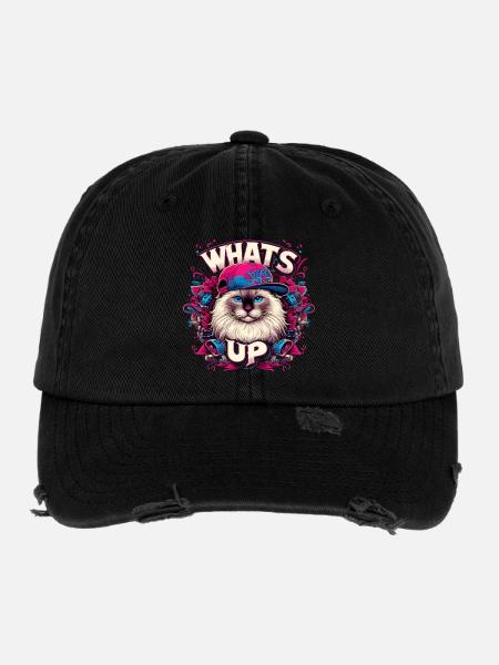 Was geht ab Heilige Birma Katze Birmakatze - Flexfit Vintage Destroyed Cap - Schwarz - Vorne