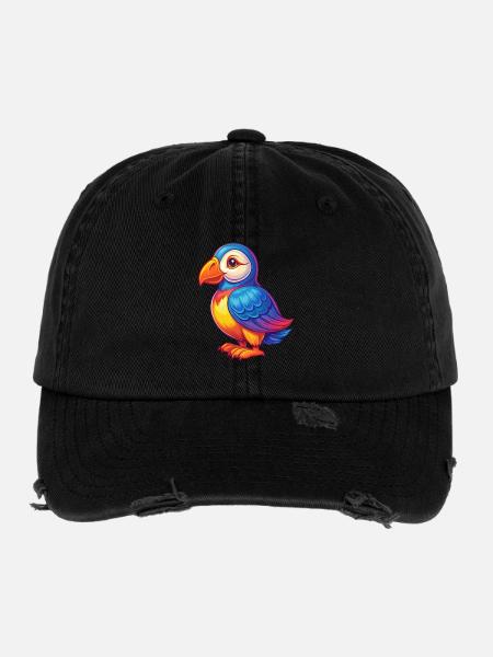 Macareux coloré Kawaii personnage de dessin animé oiseau - Casquette vintage effet usé Flexfit - noir - Devant