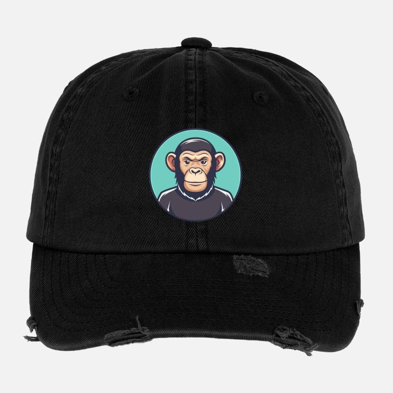 Chimpanzee Kawaii Cartoon Character Animal Face Flexfit Vintage Destroyed Cap
