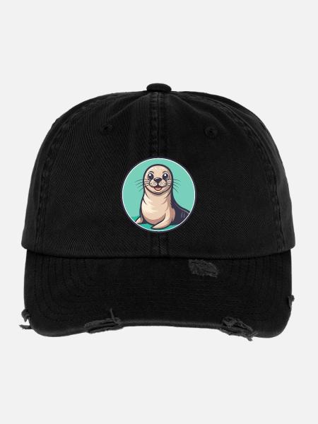 phoque kawaii dessin animé personnage animal visage d’animal de compagnie - Casquette vintage effet usé Flexfit - noir - Devant