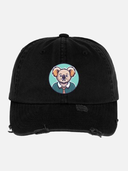 Koala Kawaii Cartoon Figur Tier Haustier Gesicht - Flexfit Vintage Destroyed Cap - Schwarz - Vorne