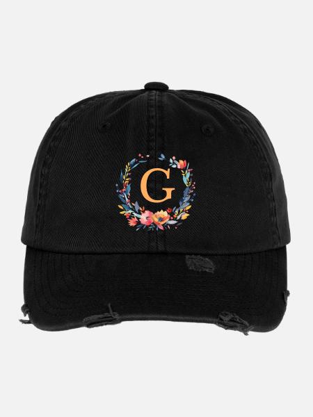 G Monogram, Couronne de fleurs, Personnalisable - Casquette vintage effet usé Flexfit - noir - Devant