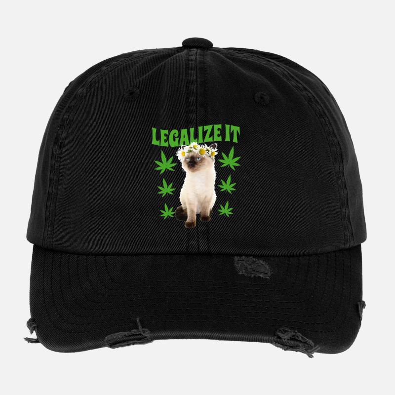 Chat défoncé défoncé fumer de l’herbe, feuille de chanvre, hippie - Casquette vintage effet usé Flexfit - noir