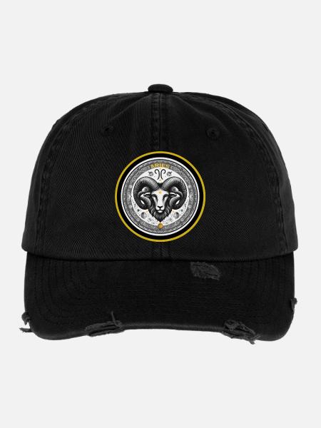Widder Zodiac Sternzeichen Widder Ornament - Flexfit Vintage Destroyed Cap - Schwarz - Vorne