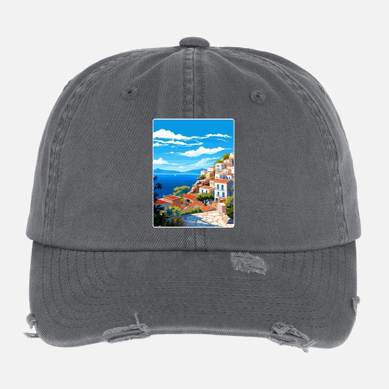 Hydra Grèce Affiche de voyage Souvenir Carte Postale Peinture Casquette vintage effet usé Flexfit