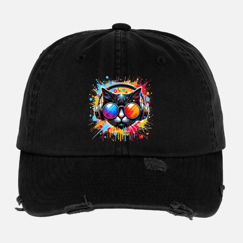 DJ Cat - Disco & Party Cat - with splashes of color Flexfit Vintage Destroyed Cap