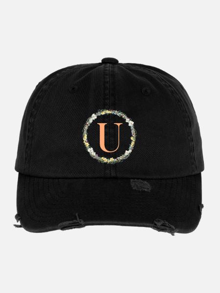 U Monogram, Couronne de fleurs, Personnalisable - Casquette vintage effet usé Flexfit - noir - Devant