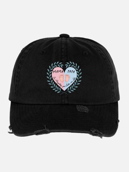 Herzschlag: Mama, Papa & Baby Design - Flexfit Vintage Destroyed Cap - Schwarz - Vorne