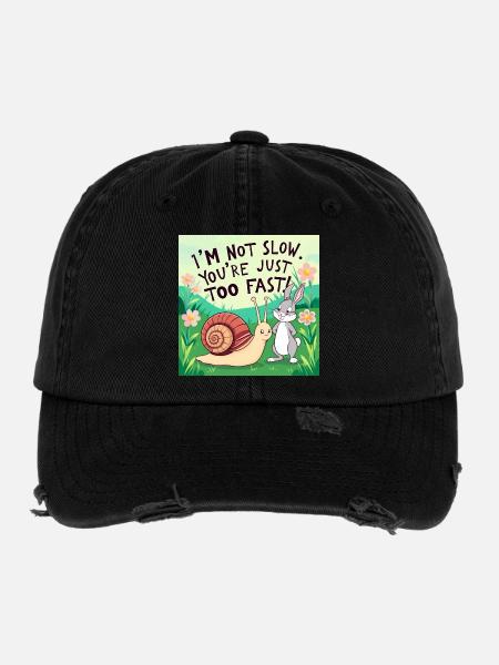 A rabbit and a snail "Slow and Fast" - Flexfit Vintage Destroyed Cap - black - Front